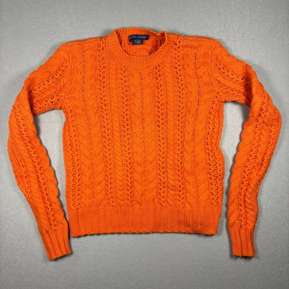 Polo Ralph Lauren Large Orange Cable Knit Cotton Cashmere Sweater Vintage Small